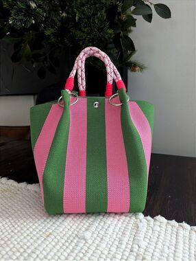 Knit Style Retro Bucket Handbag Striped Pink Green Button Closure Purse Fashion